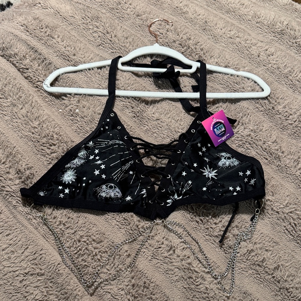 Celestial Black Lace-Up Bralette Chain Top